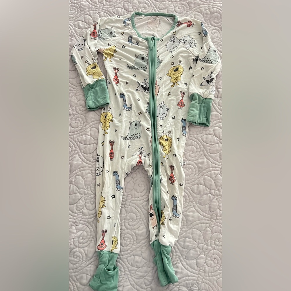 Caden Lane White Footie with Mint Trim and Multicolor Monster Print
